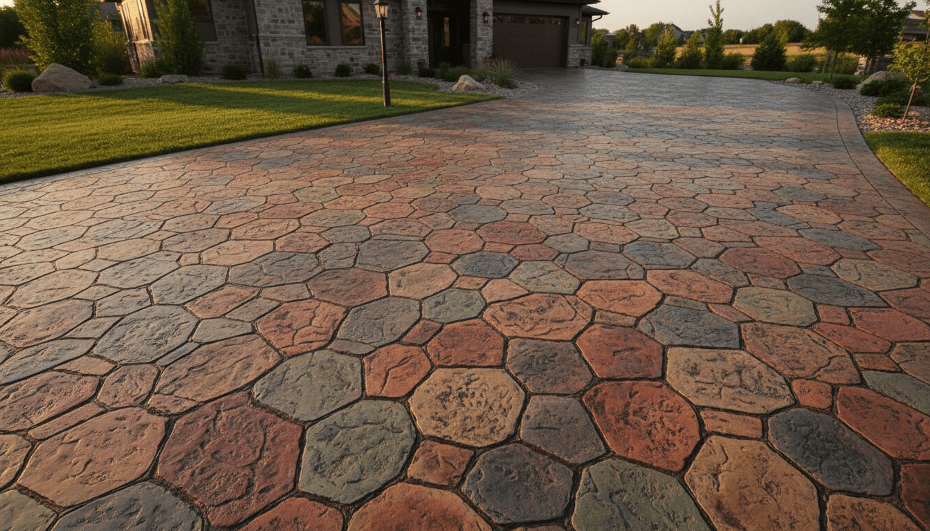 stamped concrete crazy paver pattern on driveway