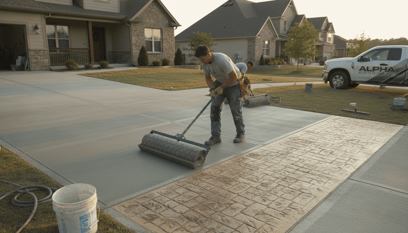 Concrete contractor working on stamped concrete driveway in Idaho Falls