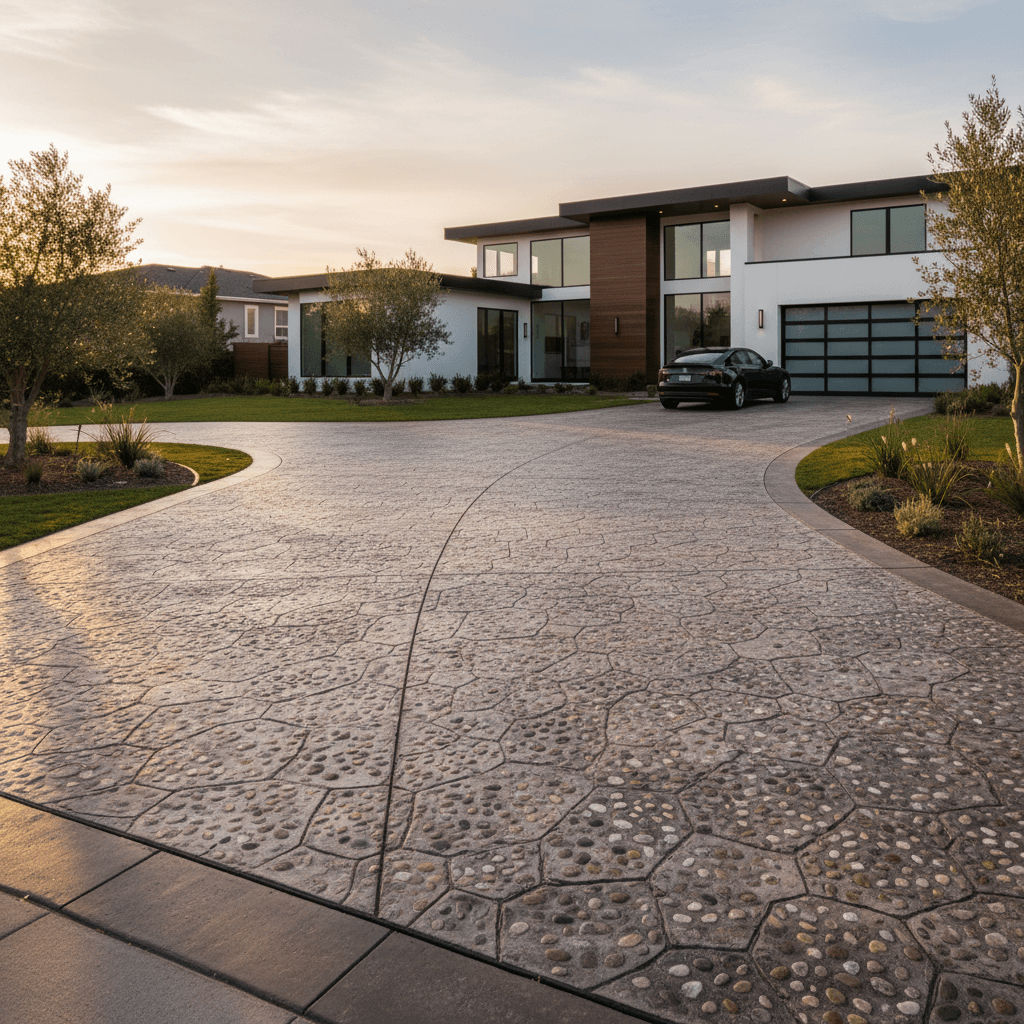 Finished stamped concrete driveway in natural gray with subtle stone texture pattern