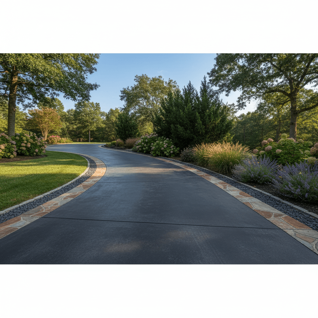 Curved residential driveway with decorative dark gray concrete and paver border
