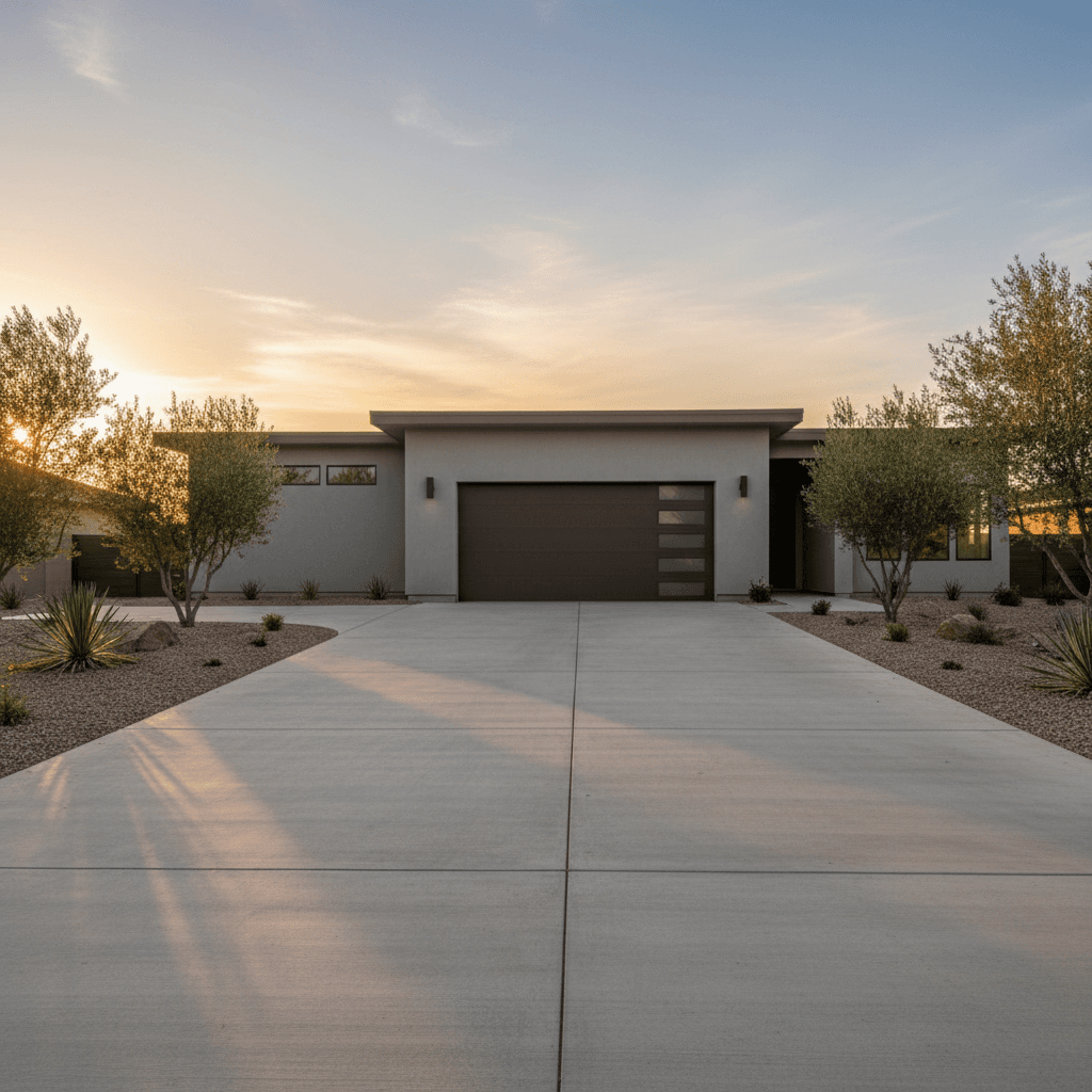 Newly poured broom-finished concrete driveway beside residential lawn