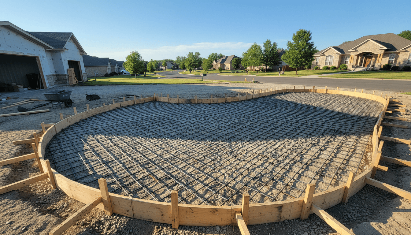 Concrete forms and rebar grid laid out ready for a driveway pour