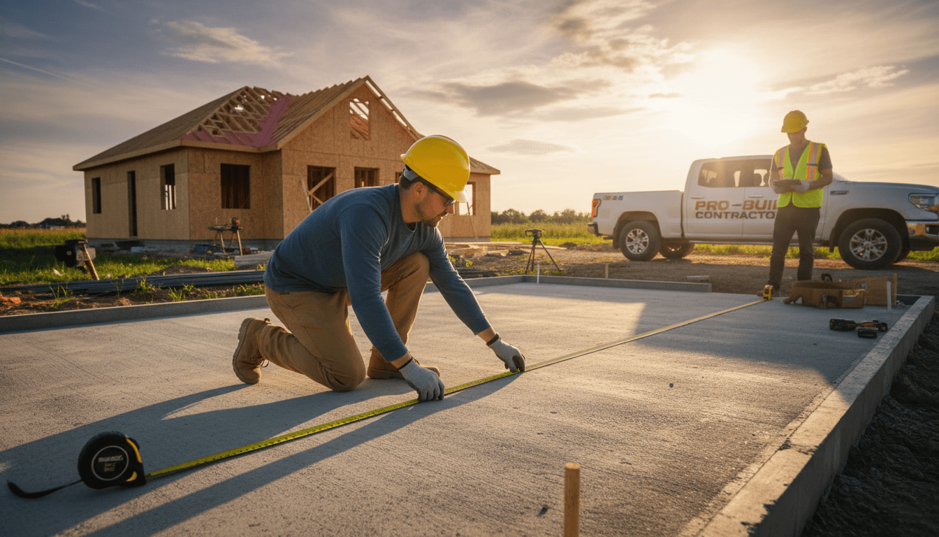 Concrete contractor measuring length and width of a new RV pad installation in Idaho Falls