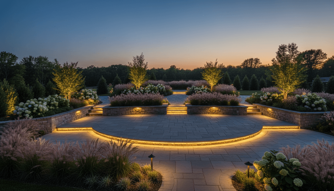 Professional hardscape patio installation with tiered garden beds, stone pathways, and warm accent lighting at dusk