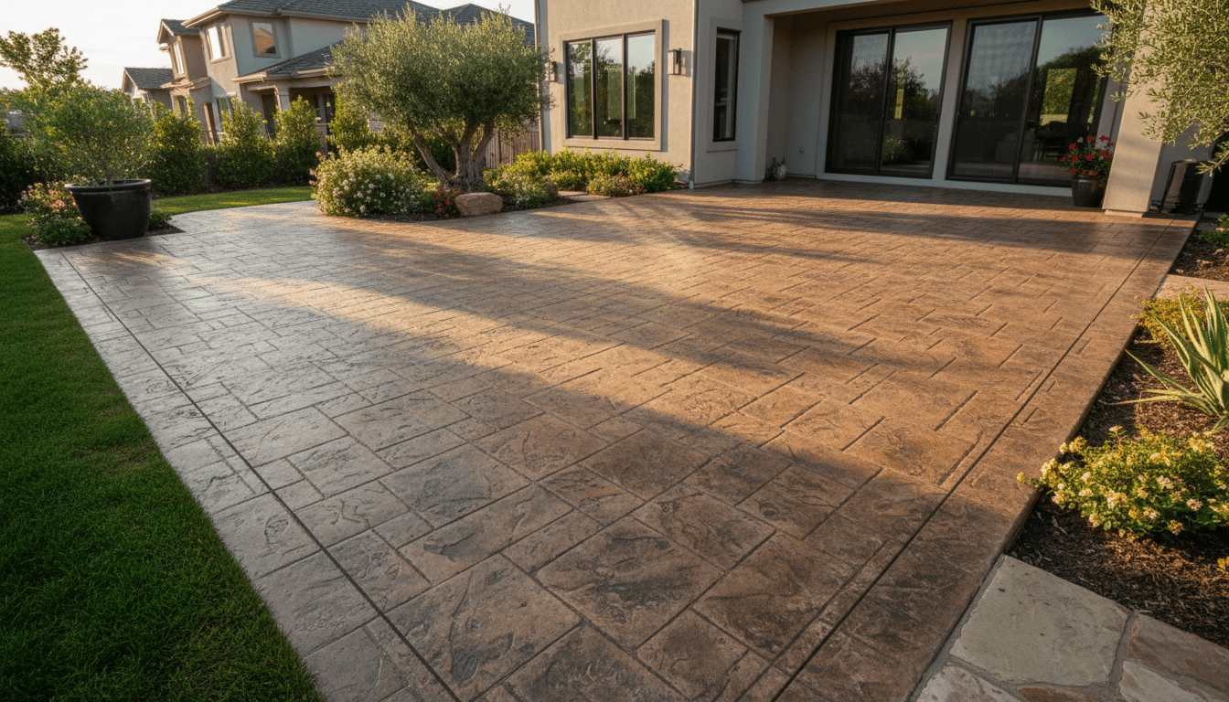 Completed stamped concrete patio with decorative patterns installed at residential home during golden hour