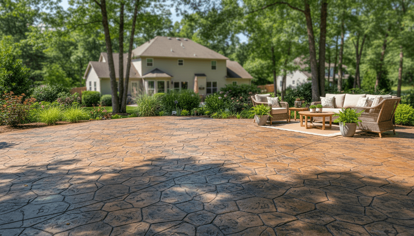 Completed stamped concrete patio with decorative stone pattern in residential backyard, afternoon sunlight highlighting texture details